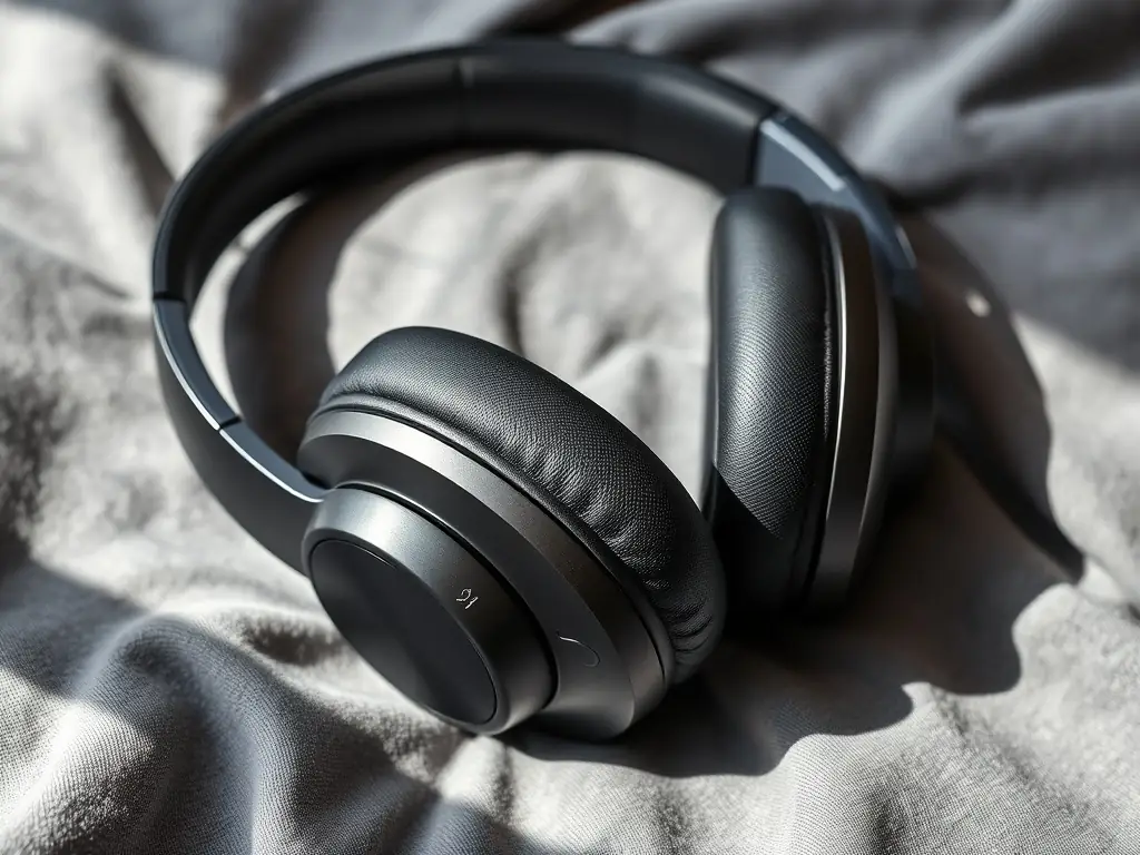 A detailed image of the Sony WH-1000XM5 headphones, showcasing its noise-canceling capabilities and comfortable design, placed in a quiet, minimalist setting.