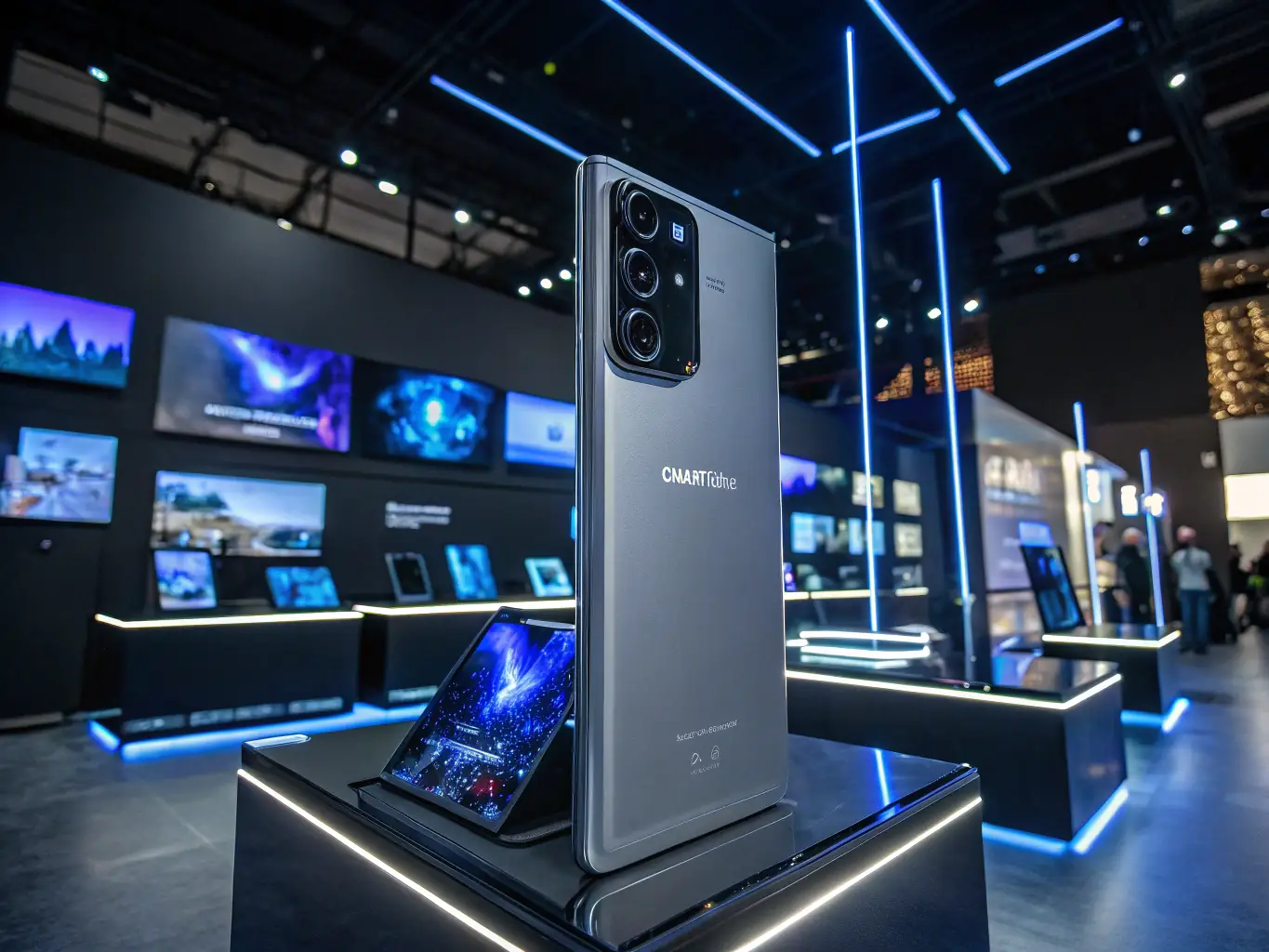 A close-up shot of the Samsung Galaxy S23 Ultra, highlighting its advanced camera system and sleek design, set against a blurred background of a modern tech environment.