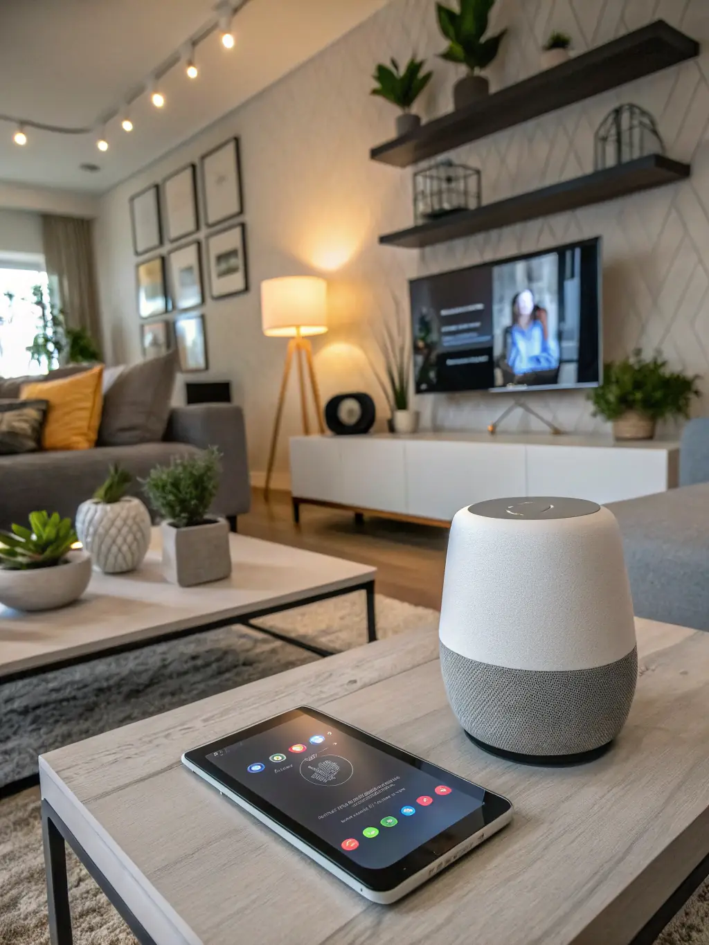 A smart speaker controlling various smart home devices, illustrating voice control and seamless integration.