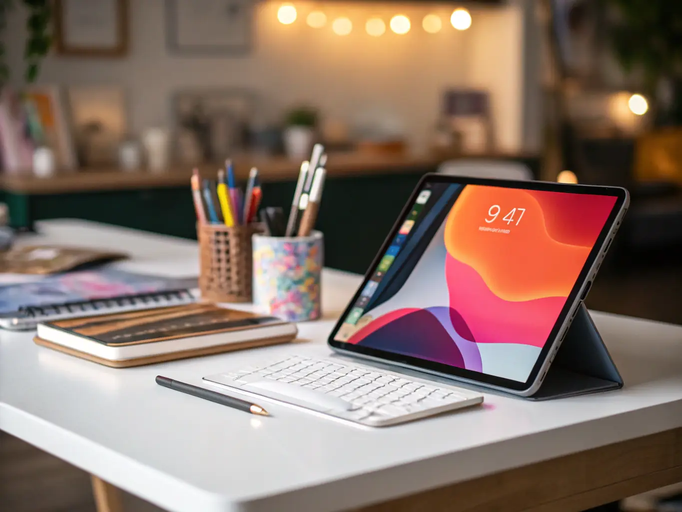 An image of the Apple iPad Pro, emphasizing its vibrant display and powerful performance, shown in a creative workspace with digital art tools.