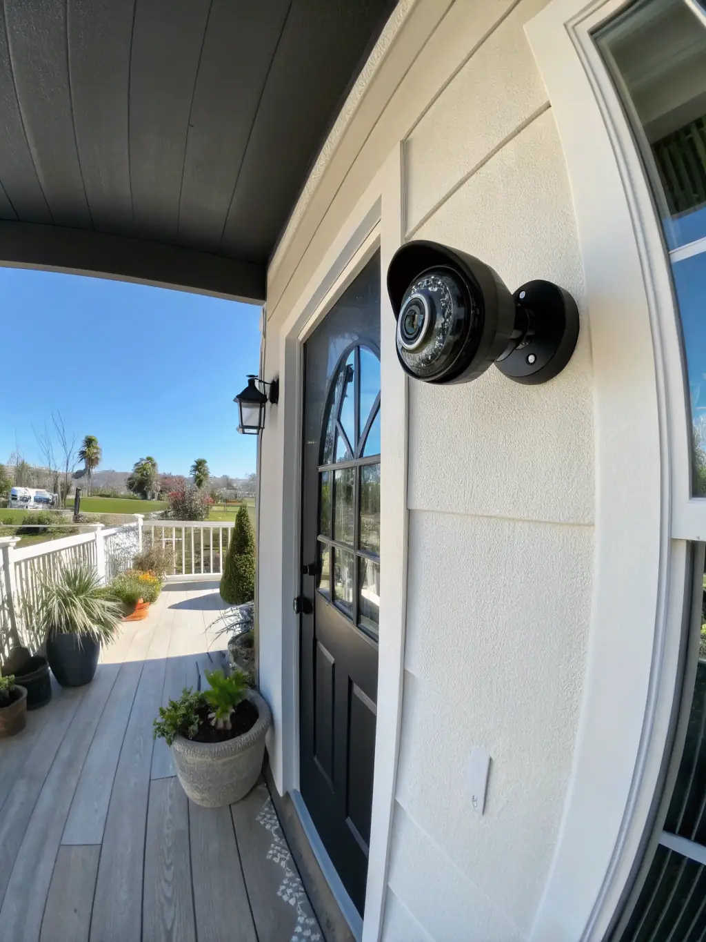 A smart security camera monitoring a front door, highlighting home security and peace of mind.