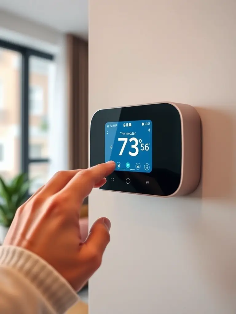 A smart thermostat adjusting the temperature in a modern living room, showcasing energy efficiency and convenience.