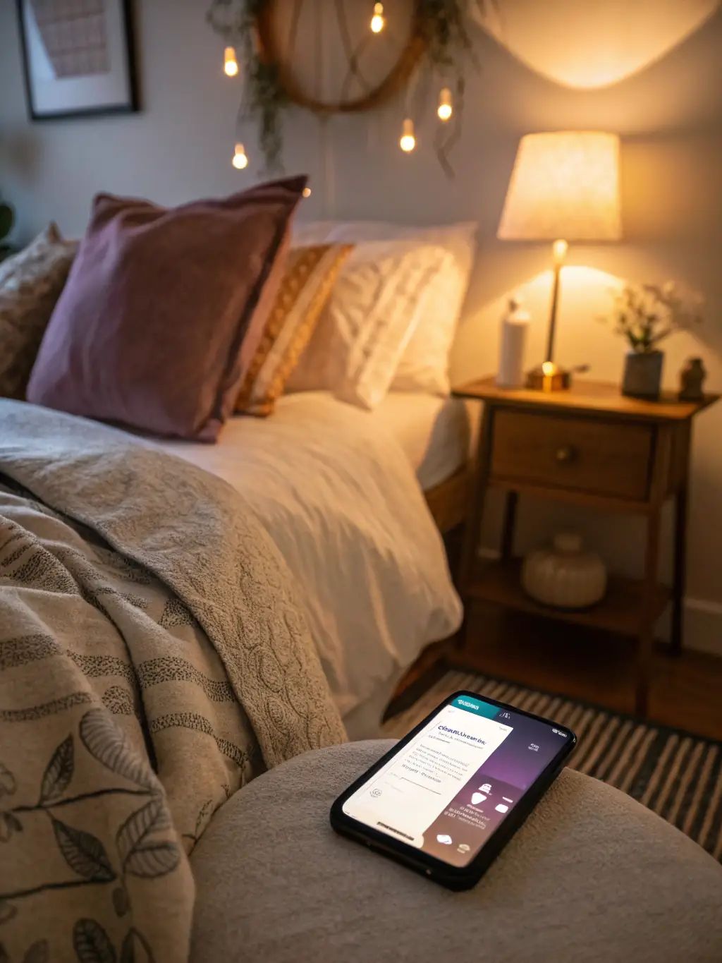 A smart lighting system adjusting the brightness in a cozy bedroom, demonstrating customizable ambiance and convenience.